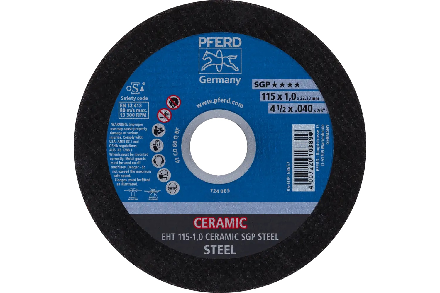 Picture of Pferd Cut-Off Wheel, 4-1/2" X .040 X 7/8, Ceramic Sgp Steel, T1, Ceramic Oxide